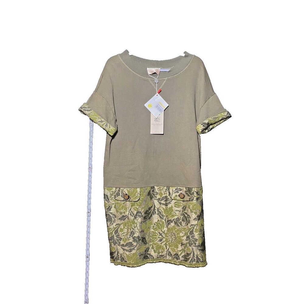Erika Cavallini Women's Olive Green Patterned Cuffs Shift Dress Size 44 NWT